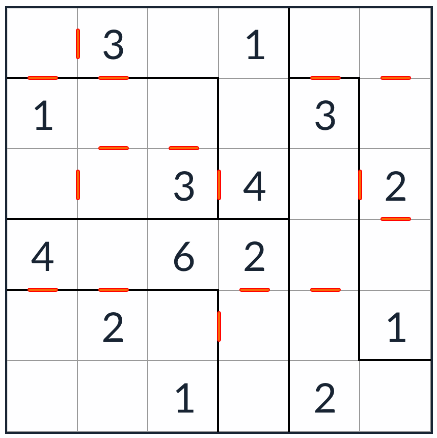 Anti-King Irregular 연속 스도쿠 6x6 퍼즐