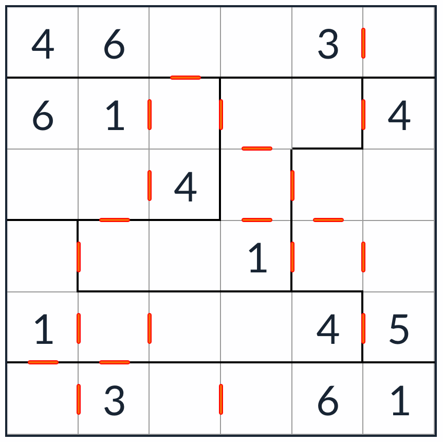 anti-knight 불규칙 연속 스도쿠 6x6 퍼즐
