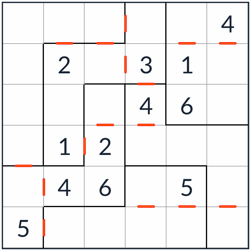 불규칙한 연속 스도쿠 6x6 퍼즐