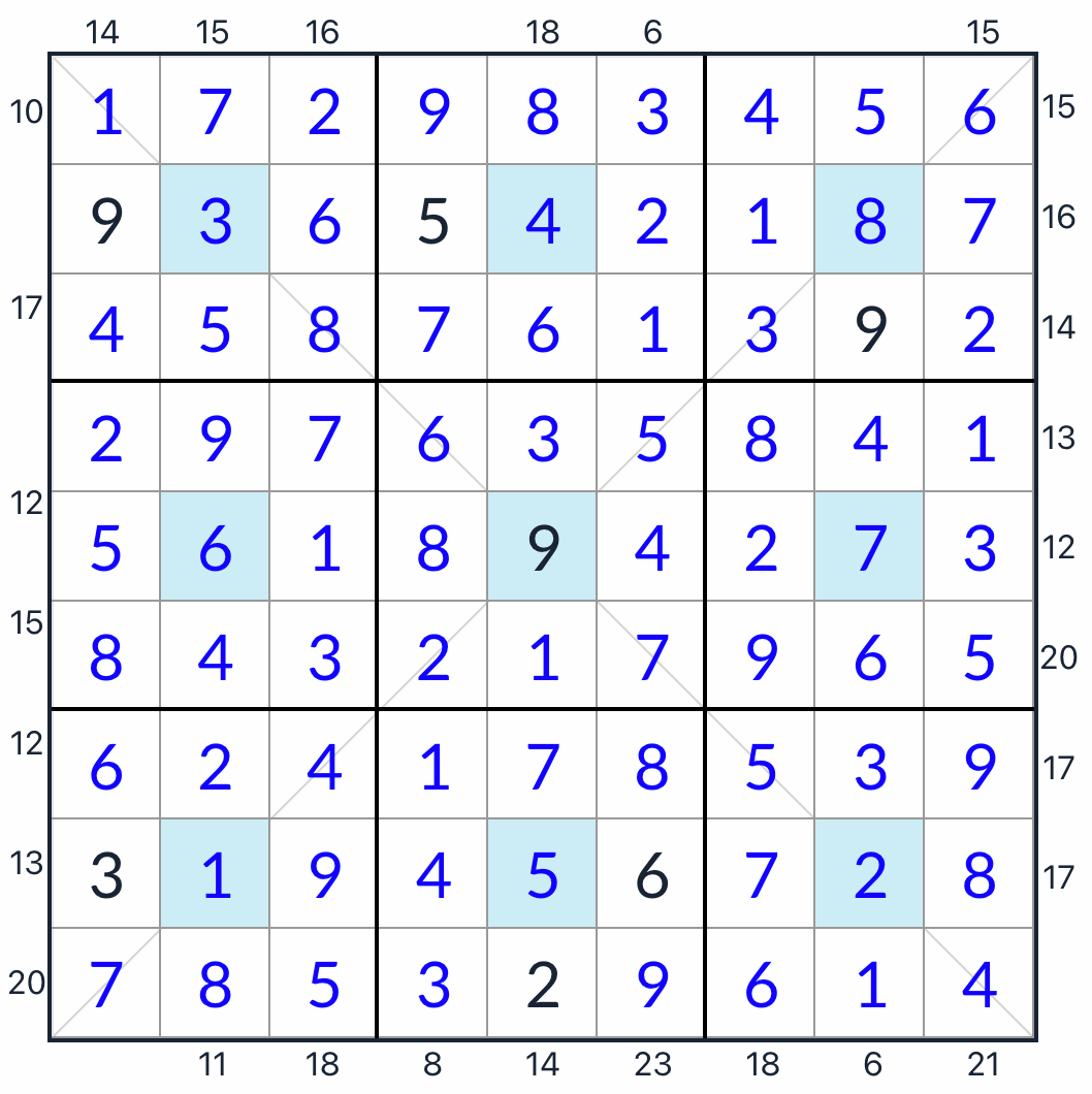 Diagonal Center Dot Frame Sudoku 솔루션