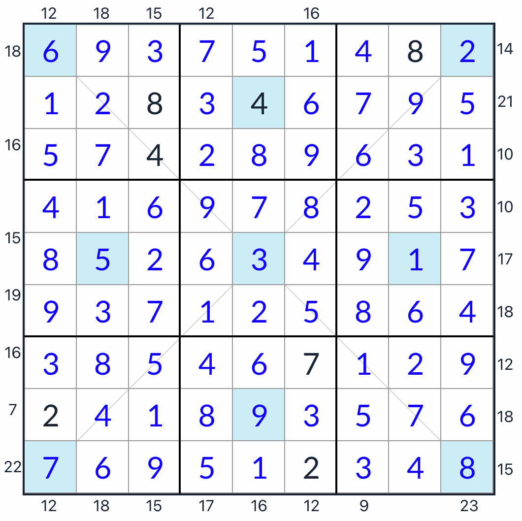 Diagonal girandola 프레임 Sudoku 솔루션