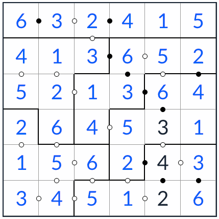 불규칙한 kropki sudoku 6x6 솔루션