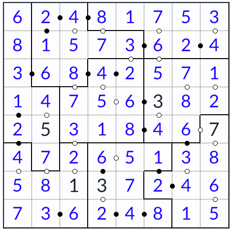 anti-king 불규칙한 kropki sudoku 8x8 솔루션