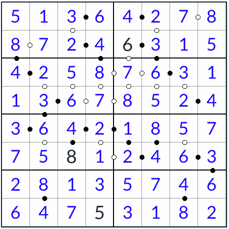 anti-knight kropki sudoku 8x8 솔루션