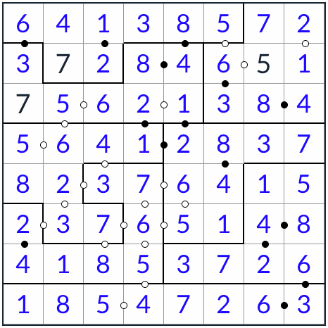 anti-knight 불규칙한 Kropki sudoku 8x8 솔루션
