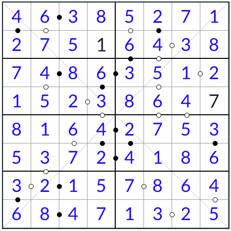 Diagonal Kropki Sudoku 8x8 솔루션